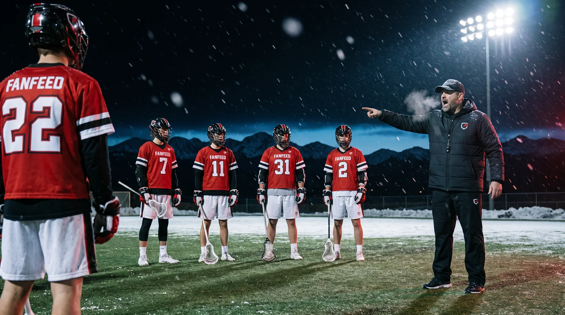 A lacrosse coach in a winter jacket pointing out the next rep as snow falls through the floodlights, his players in red FanFeed jerseys turned toward him, the snow-capped Colorado mountains behind the field at night.