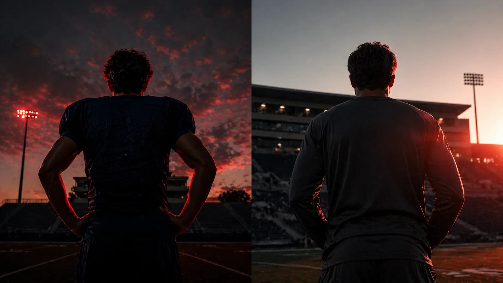 Diptych: a high school athlete in a dark jersey at dusk on the left, the same athlete a few years later in a college warmup at dawn on the right — both shot from behind