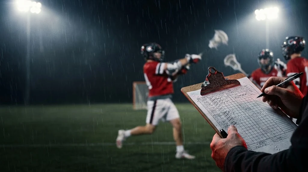 A coach's hands marking up a paper stat sheet on a clipboard in the rain, with a lacrosse game live and out of focus behind him.
