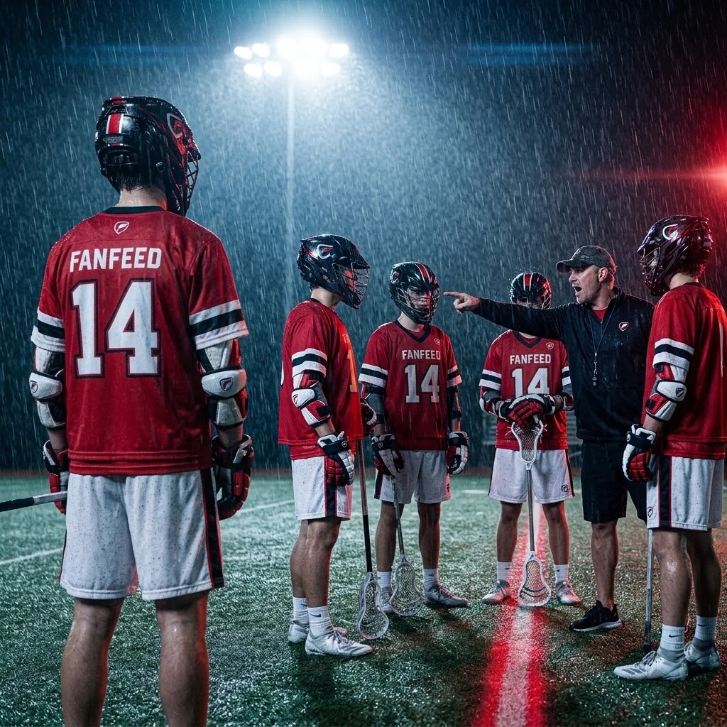 A lacrosse coach standing on the sideline at night in the rain under stadium floodlights, his team running drills behind him.