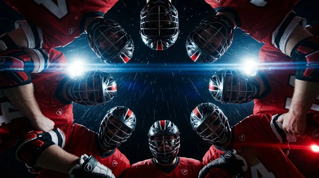 Looking up from inside a lacrosse team huddle at night, the players' helmets ringing the frame against the stadium floodlights.