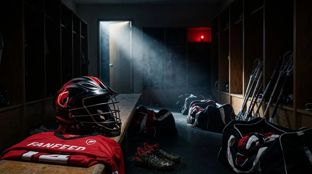 A dark lacrosse locker room lit in red.